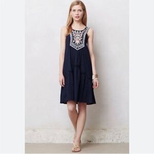 Anthropologie Maeve Tisa Blue Boho Embroidered Pullover Swing Dress Cottagecore